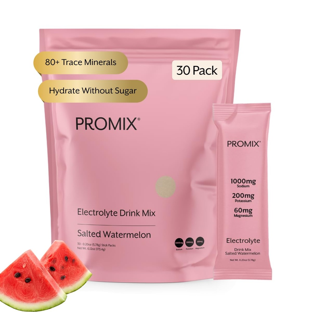 Eletrólitos de Nutrição ProMix Pacotes de Hidratação em Pó - Himalaia Sal Rosa, Magnésio, Potássio, Vitamina C - Melancia Salgada, Levemente Adoçado - 30 Servões (Pacote de 30)