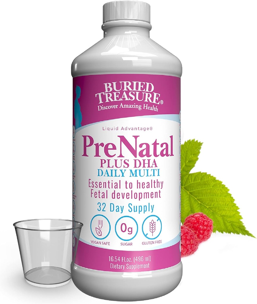 Tesouro enterrado Pré-Natal Plus DHA Completo, 16 onças sabor laranja banana, Suplemento de alta potência fórmula líquida para antes, durante, Pós gravidez, Natural DHA Omega3 Ferro Vegetariano seguro w / Dose Cup