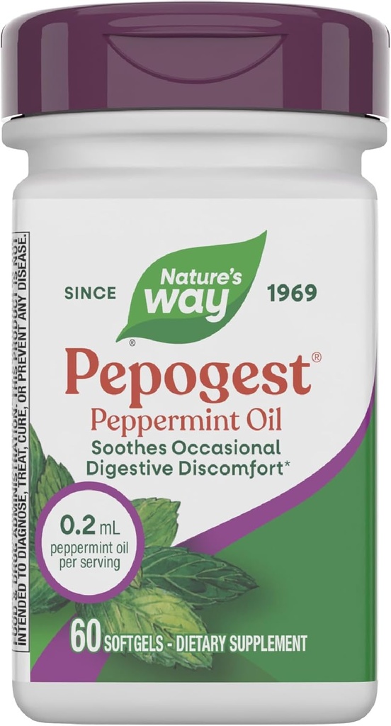 Maneira da natureza Pepogest Óleo de hortelã, acalma o desconforto gastrointestinal ocasional*, óleo de hortelã entérico revestido, 60 Softgels (Packaging May Vary)