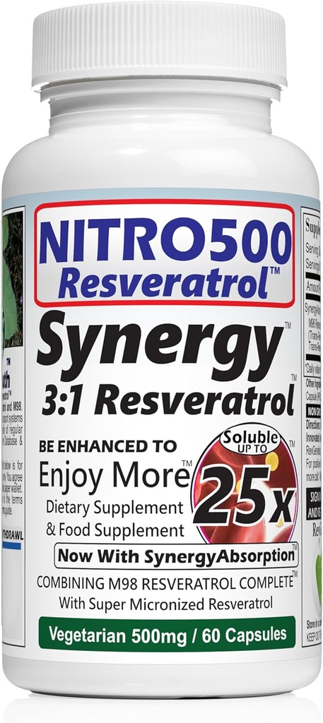 Nitro Synergy Resveratrol (Nitro500) com até 25x Solubilidade - 60 Cápsulas Vegetarianas - 30 Servimentos - 500 mg por Serviço