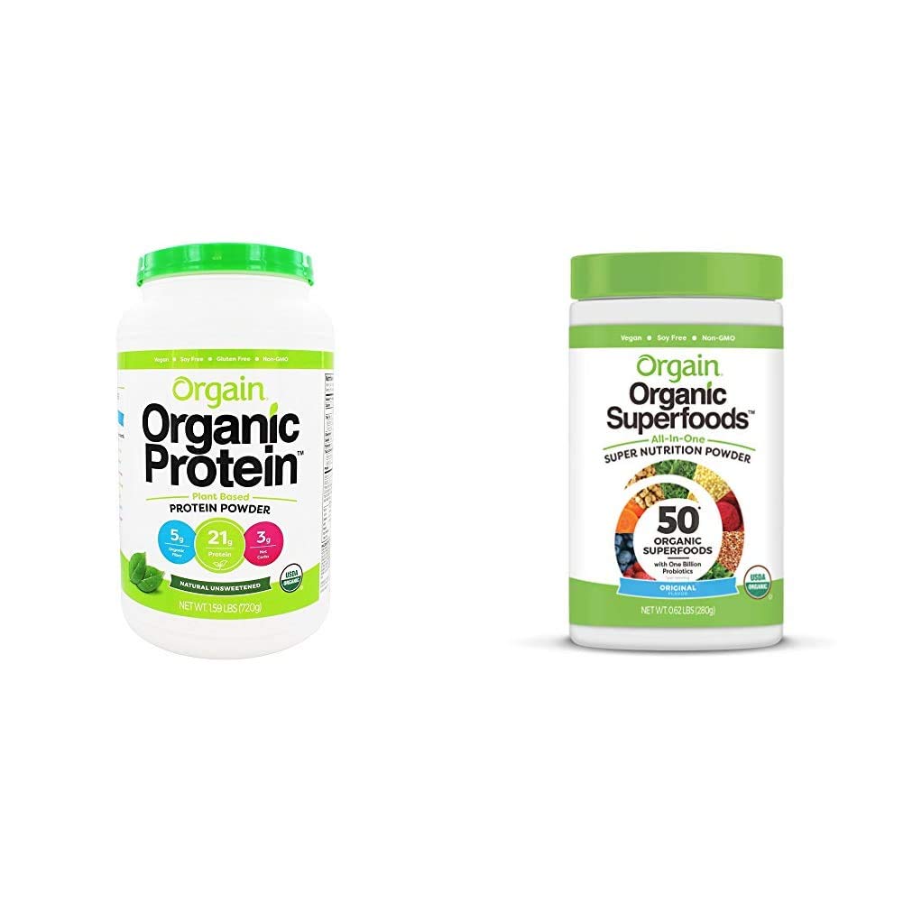 Orgain Organic Plant-Based Protein Powder + Superalimentos Greens Powder Bundle (1.59lb + 0.62lb)