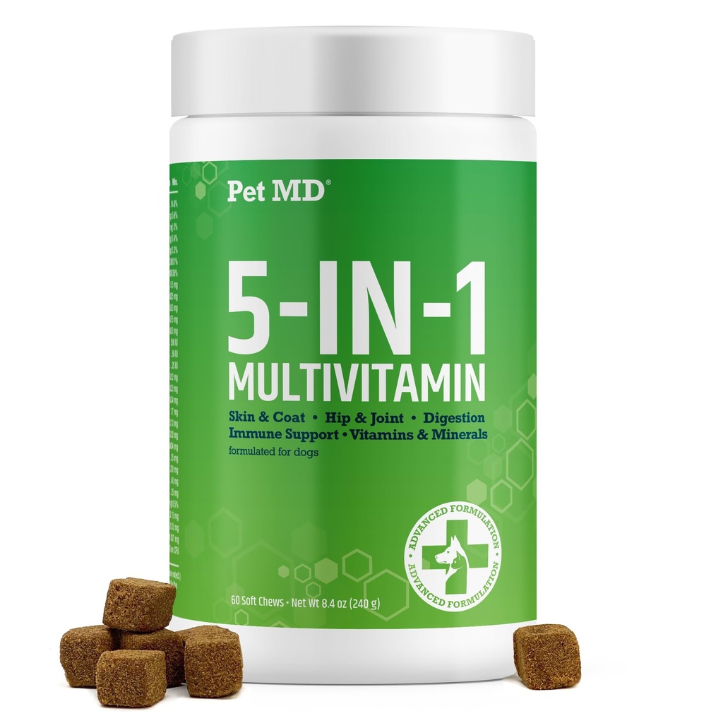 Animais de estimação MD 5in1 Cão Multivitamin - 30 Vitaminas Essenciais, Minerais e Nutrientes para Pele & Revestimento, Hip & Joint, Digestão, Cão Sênior & Vitaminas Cachorrinho - Glucosamina, Omega 3 6 9, & Probióticos - 60ct