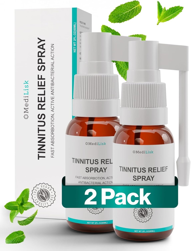 Medilisk Tinnitus Alívio Spray – Suporta Alívio do zumbido para Ringing Ears – Herbal Ear Care Products – Tratamentos do zumbido Prevenção – Não-esteroide e hipoalergênico – 1 Fl Oz – Pacote de 2