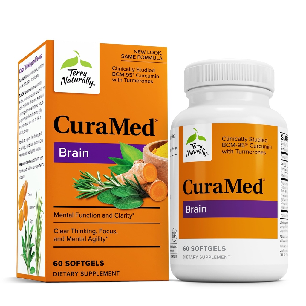 Terry Naturalmente Curamed Cérebro - Suplemento dietético para apoiar a clareza e o foco - Suplemento de saúde cerebral com Curcumina e óleo essencial açafrão para ajudar a concentração - 60 Softgels