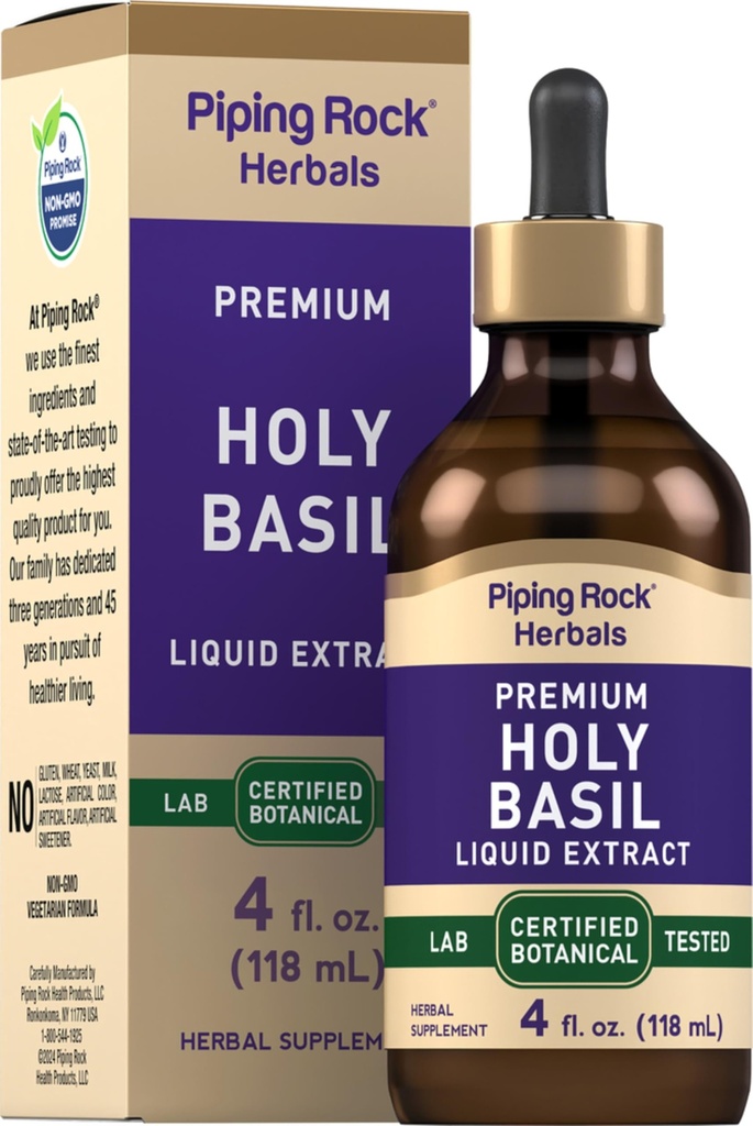 Piping Rock Holy Basil Extract Líquido 4 Fl Oz Tintura de Folha de Tulsi Vegetariano, Não-GMO, Suplemento sem glúten