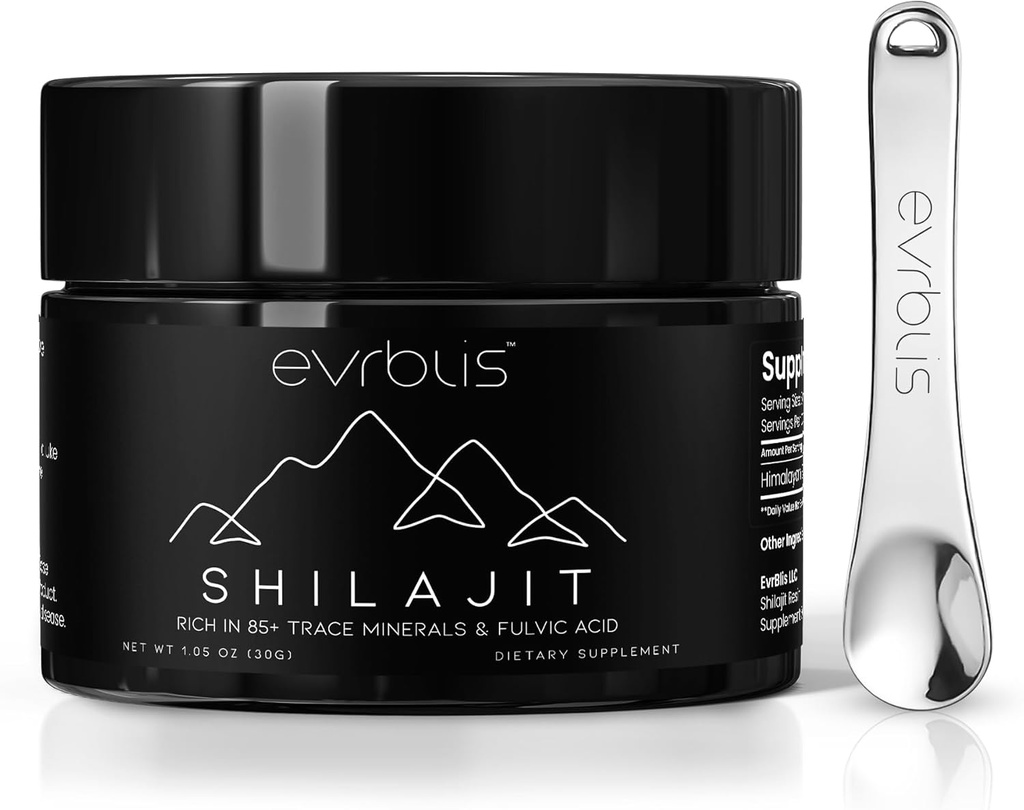 Puro Himalayan Orgânico Shilajit Resin, Max Potência Ouro Grau Shilajit Suplemento para homens e mulheres Energia Natural Boost & Imune Suporte com 85+ Trace Minerals & Fulvic Acid (30 Grams, 60 Serving).