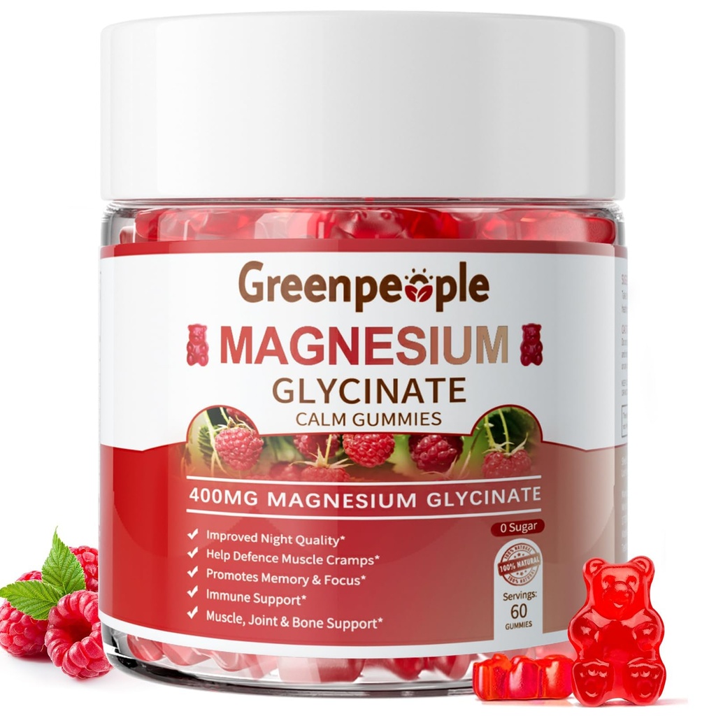GREENPEOPLE Glycinate Gummies 400mg - Suplemento de magnésio de magnésio sem açúcar com malato de magnésio, vitamina D, B6 e CoQ10 para apoio calmo e sono para adultos - Pastilhas de framboesa