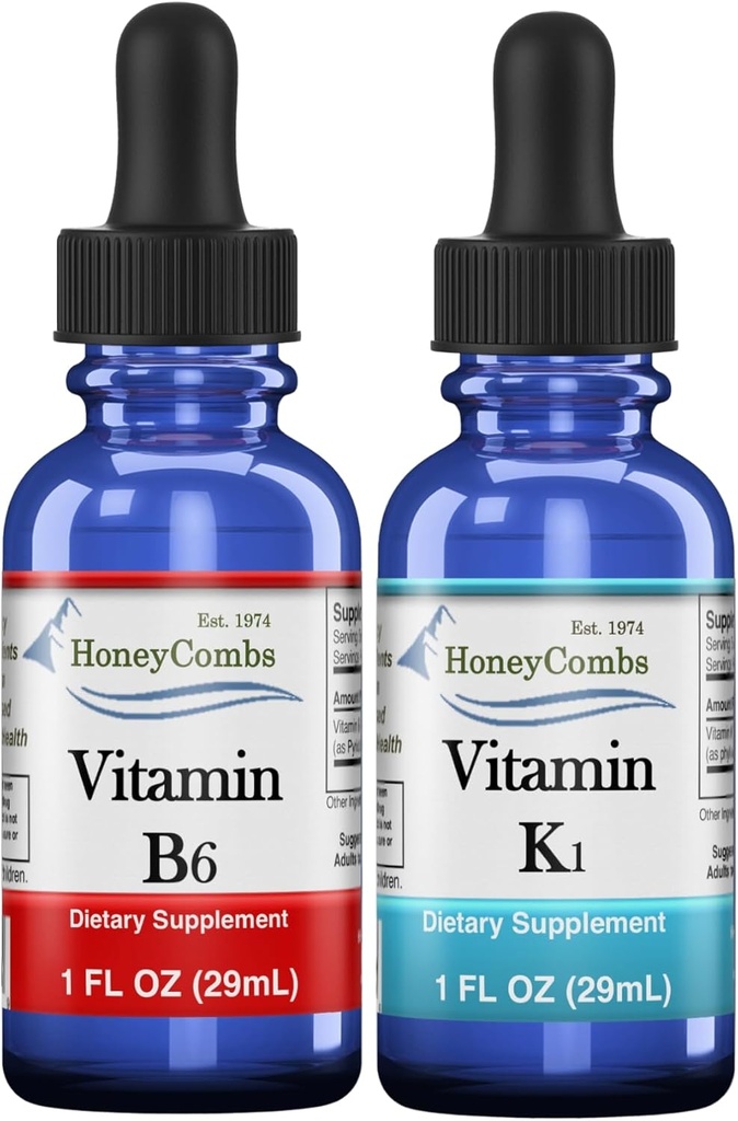 HoneyCombs Vitamina B6 & K1 Drops – Piridoxina líquida e extratos de vitamina K para Vegan, Suporta saúde geral, Extrato líquido de vitamina não-GMO, 1 fl oz cada