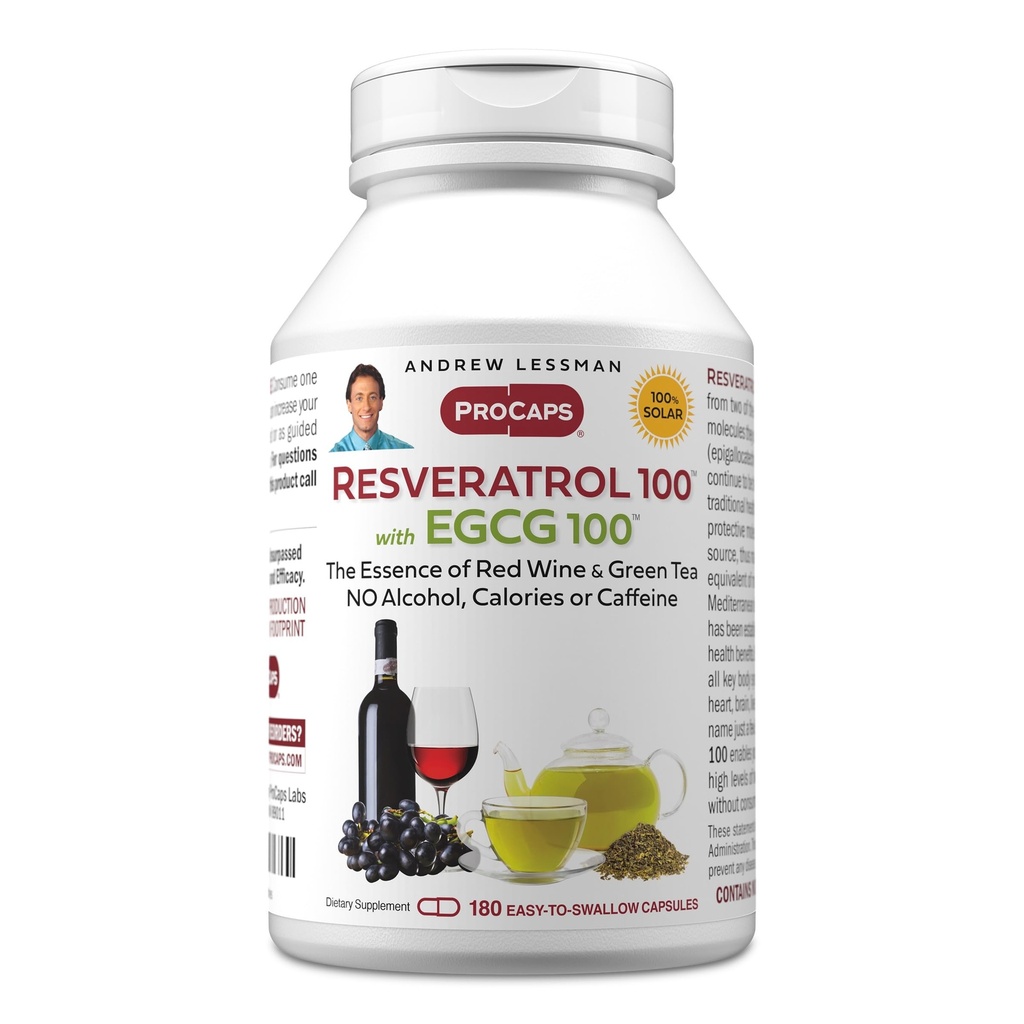 ANDREW LESSMAN Resveratrol-100 EGCG 100mg - 180 Cápsulas - Duas Naturalmente Ocorrentes Anti-Oxidantes, Sem Álcool ou Cafeína.