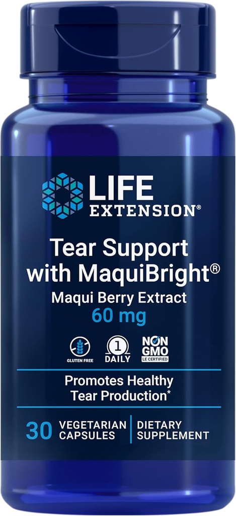 Suporte de Lágrima de Extensão de Vida com MaquiBright®, 60 mg, Extrato de Berry Maqui para Olhos Secos, Suporta Saúde dos Olhos, Incentiva a Produção de Lágrimas, Sem Glúten, Não-GMO, 1 Diário, Vegetariano, 30 Cápsulas