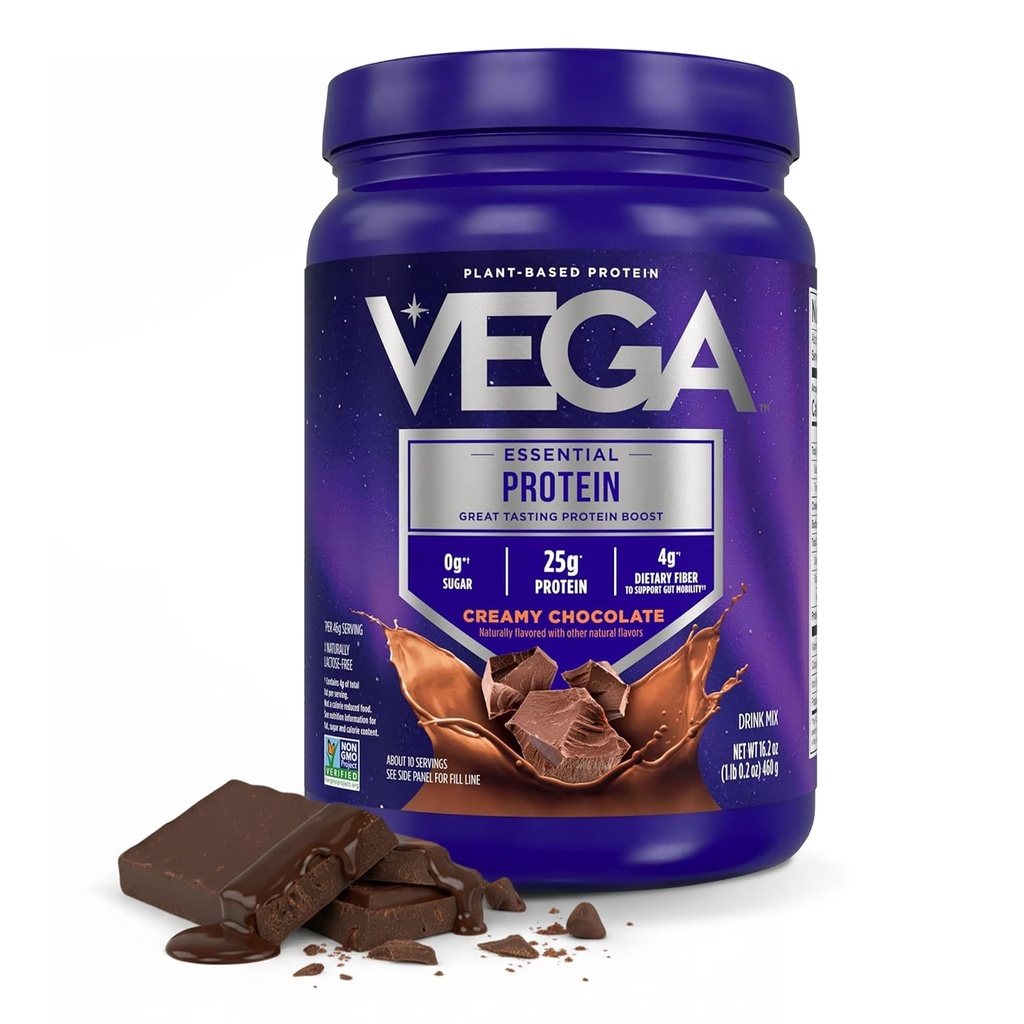 Vega Original Essential Protein - 25g Proteína Baseada em Planta, Chocolate cremoso, 10 Servings, Vegan Non-GMO Bebida Mix, Smoothie & Shake Ready, Gluten Free, Dairy Free, 16.2 onças (Packaging May Vary)