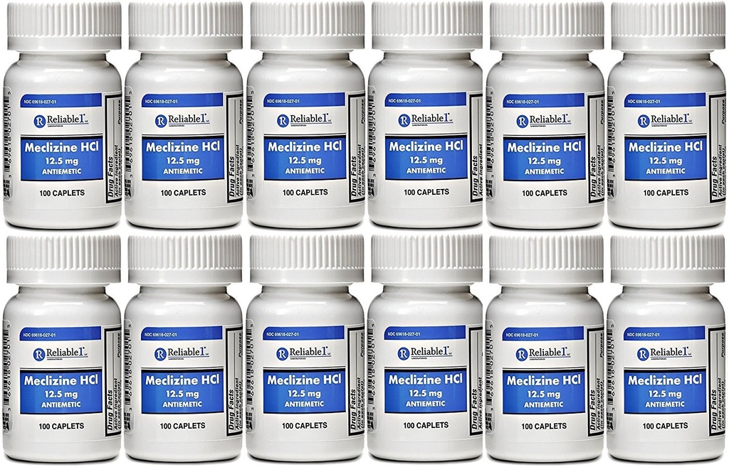 Meclizina 12,5 mg Antiemético, Doença de Movimento 100 Caplets PACK de 2