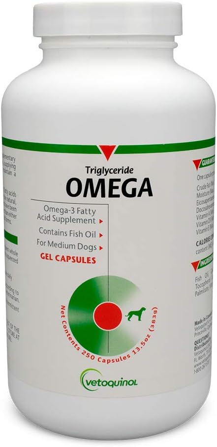 Vetoquinol Triglicéride Omega Dog Supplement Cápsulas, de raça média: 30-60 lbs, 250ct