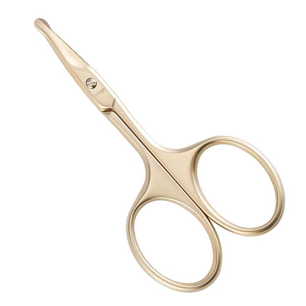 LIVINGO 3,75" Tesoura de cabelo de nariz facial pequena segurança, lâmina curvada com ponta arredondada aço inoxidável para manicure cutícula, sobrancelha, pele seca (ouro)