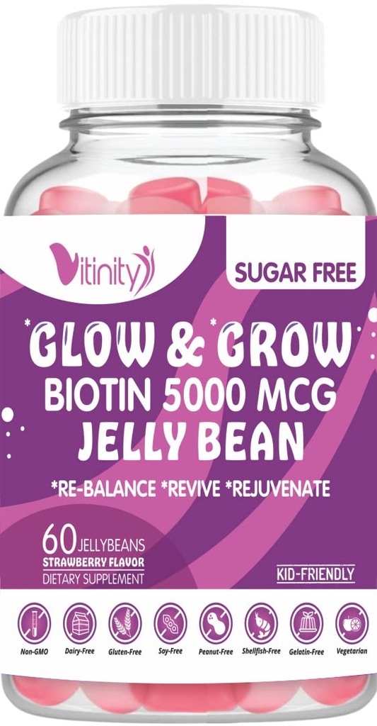 VITINITY Biotin 5000 Mcg Força extra Vegetariana (Vitamina B) Suplemento sem açúcar-Suporta mais saudável cabelo e pele - Mulheres & Homens 60 Vegetal Sugar-Free Jelly Beans (30 fornecimento dia)