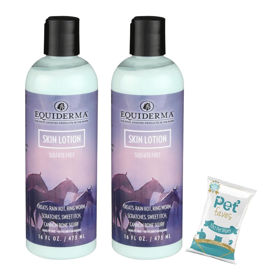 EQUIDERMA (2 Pack) Loção de pele de cavalo com 10-Count Faves Pet Wipes – Alivio suave calmante para osso de canhão, Mane & Irrigação de cauda, pele seca e crostas