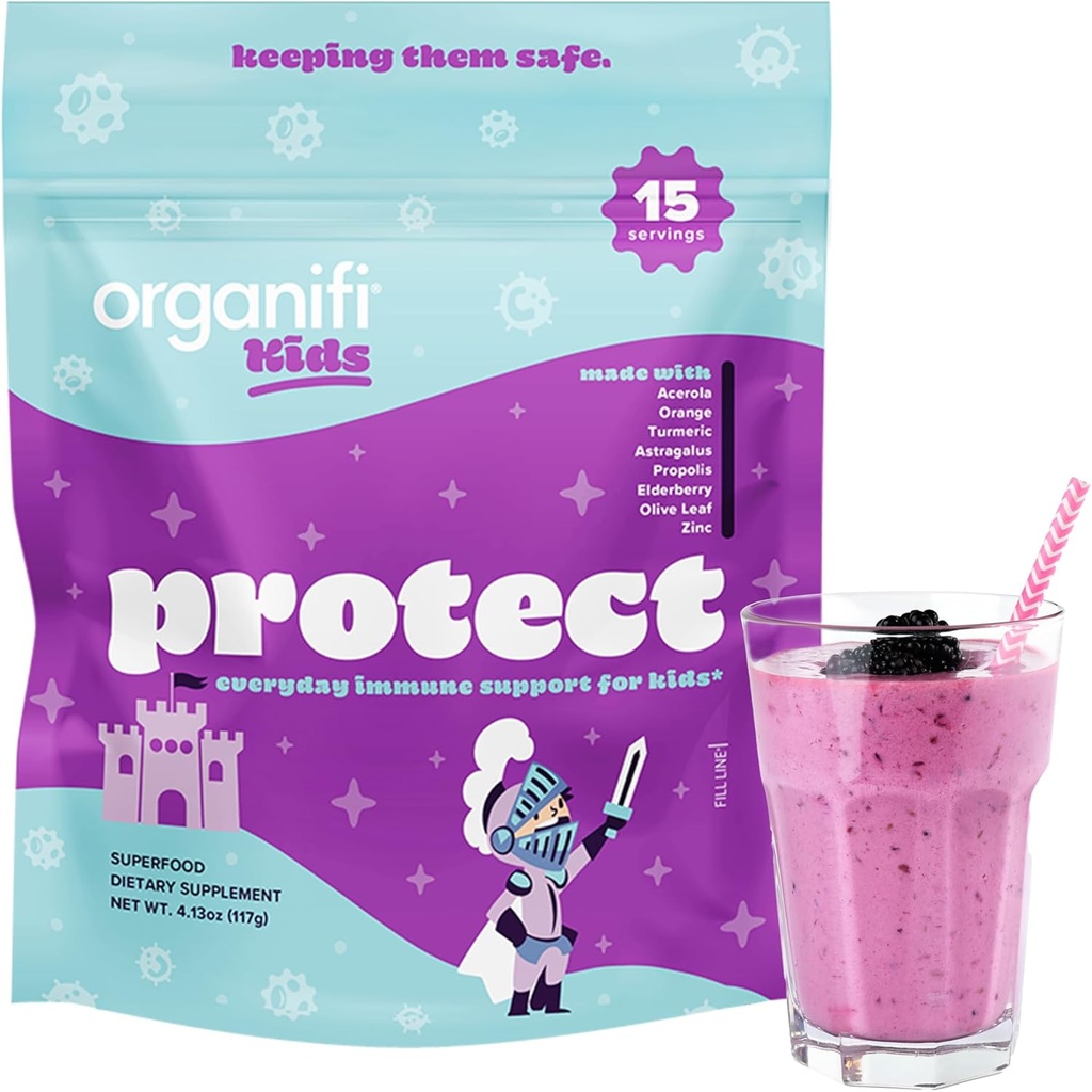 Organifi Kids: Proteger - suporte imunológico diário para crianças com Elderberry, Cereja de Acerola e Zinco - Berry Flavored Immunity Powder - Baseada em plantas, Vegan, e sem glúten, leite ou soja - 15 Servings