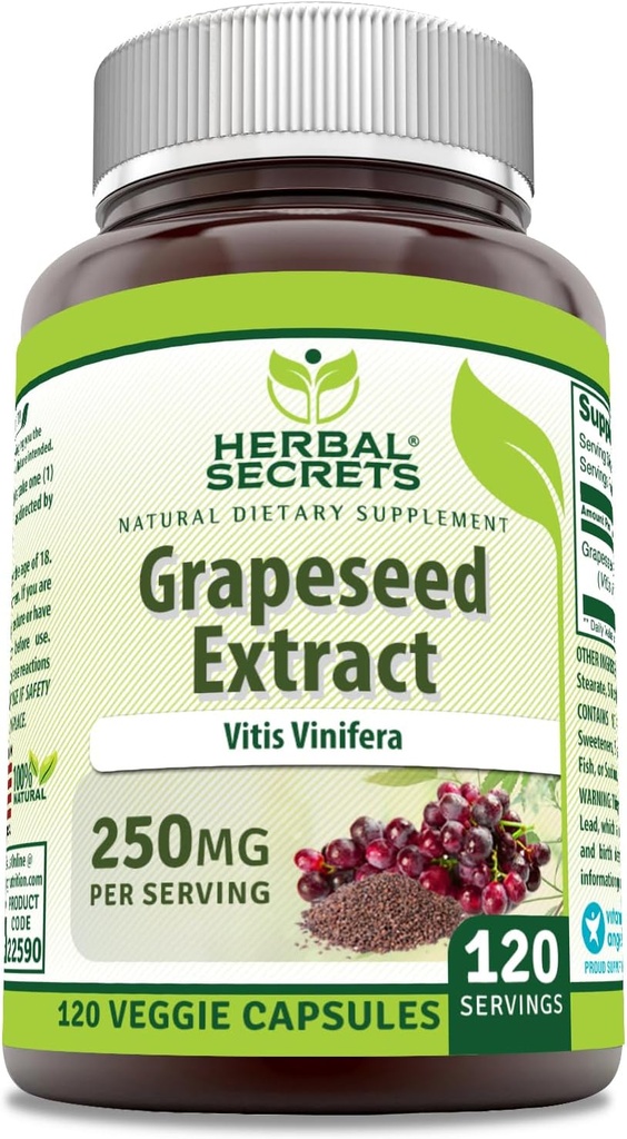 Herbal Secrets Suplemento de Extrato de Sementes de Uva 250 Mg por Servindo 120 Cápsulas Veggie
