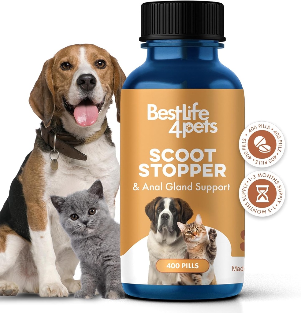 Scoot Stopper para cães e gatos – Natural Anal Gland & Digestive Supply Support Suplemento para Scooting, Consistência de escabelo, Obstipação, Acidentes Internos e Pooping Difícil – 400 comprimidos odorless