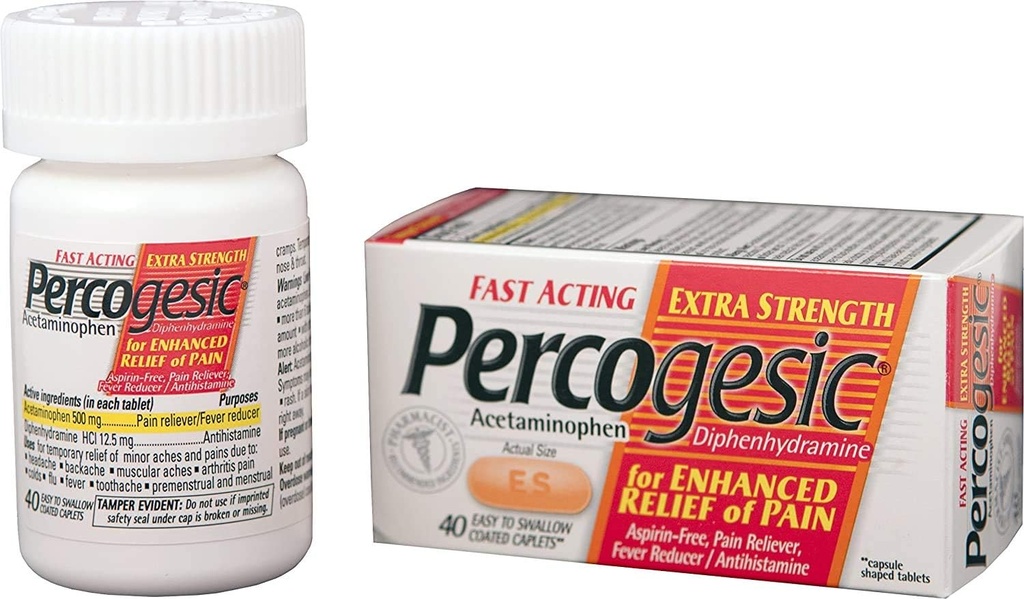 Comprimidos de alívio da dor livres de aspirina percogésica, força extra, acetaminofeno e difenidramina, 40 ct (Pack of 1)