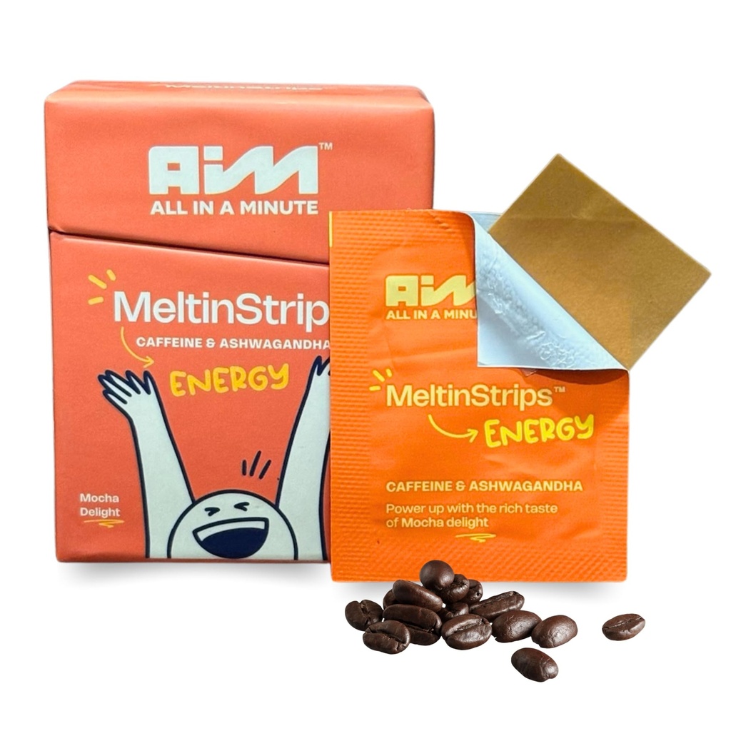 MeltinStripsTM tiras de energia com 40mg de cafeína, 20mg de Ashwagandha & Vitamina B12
