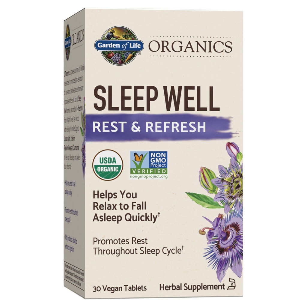 Jardim da vida Orgânicos dormir bem descanso e refresca 30 comprimidos, Limão Balm, Extrato de chá verde L-Theanina, Raiz valeriana, Camomila, Probióticos-orgânicos não-GMO Vegan Gluten Free Herbal Supplement
