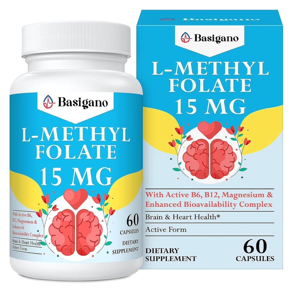 15mg L Metilfolato (5-MTHF)- Ácido Fólico Ativo Enriquecido com Vitaminas B6 e B12-60 Cápsulas Vegetarianas - Não-GMO, Sem Glúten