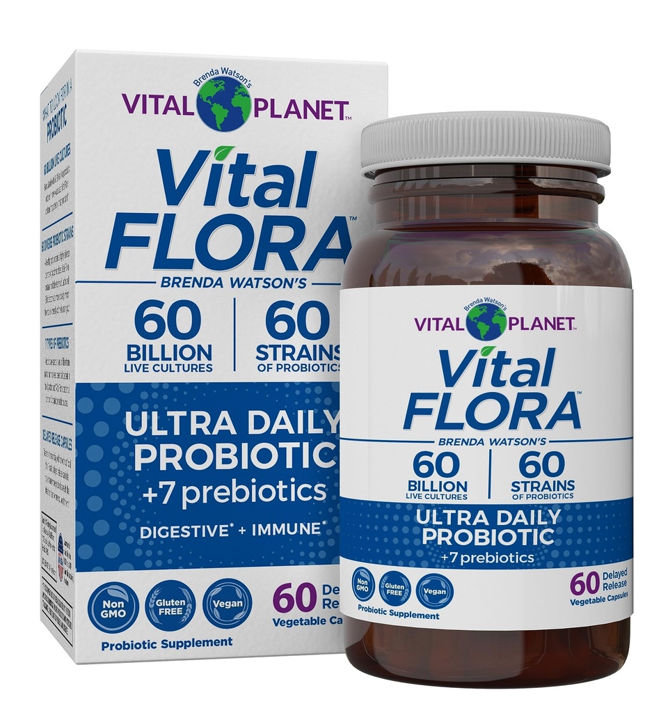 Planeta Vital - Flora Vital Probiótico Ultra Diário 60 Bilhões UFC, Deformação Diversa, Prebióticos Orgânicos, Suporte Imune, Alívio Bloating, Probióticos Saúde Digestiva para Mulheres e Homens 60 Cápsulas