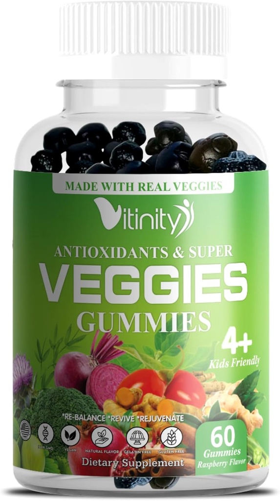 VITINIDADE Feita com legumes Super verdadeiros Delicious Gummy Supplement, homens, mulheres e crianças (60 mastigações), 30 vegetais, ervas, frutas e vitaminas vegetais, não-GMO, Pentina-base, Gluten-free, Não mais pílulas (30 fornecimento dia)