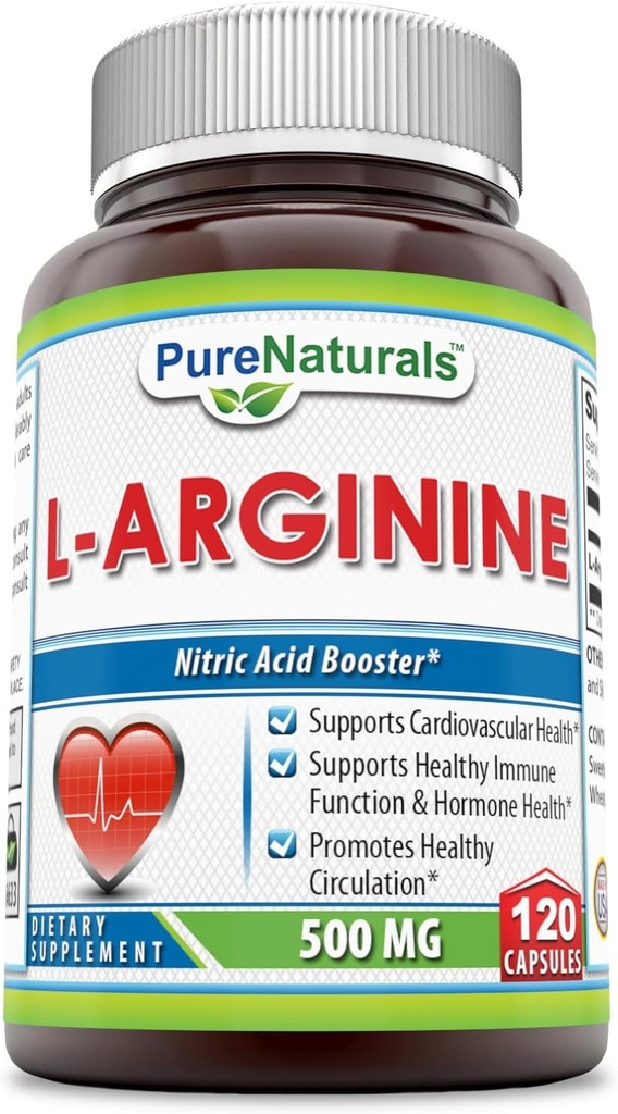 Pure Naturals L-Arginina 500 Mg Cápsulas, Suporta Saúde Cardiovascular, Suporta Função Imune Saudável & Saúde Hormônio, Promove Circulação Saudável (120)