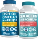 4-em-1 óleo de peixe Omega 3 Suplementos (2100mg) - Ómega 3 óleo de peixe com vitaminas D3 & K2 e CoQ10 & 28-em-1 Quercetin com Bromelain Suplemento para suporte diário de defesa imunitária (120ct)