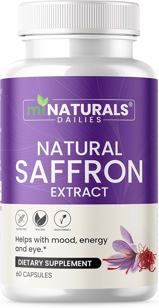 Natural Saffron Supplements - Pure Premium Extract Cápsulas - Suporte ao humor - Suporte aos olhos - Energia - Made in USA - 88,50 mg - 60 comprimidos - Optimized - Pastillas de Azafran