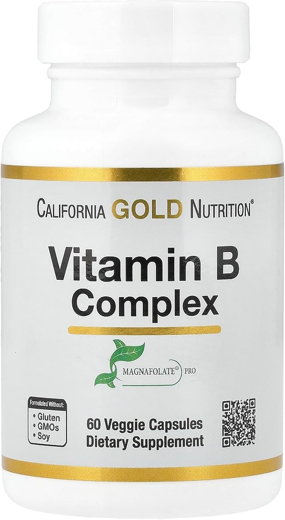 California Gold Nutrition Vitamina B Complex, Thiamin B1, Riboflavina B2, Niacin B3, Piridoxine B6, Biotina B7, Ácido Pantotênico B5 e Pro Folato B9, Sem glúten, Não OGM, 60 Cápsulas Veggie