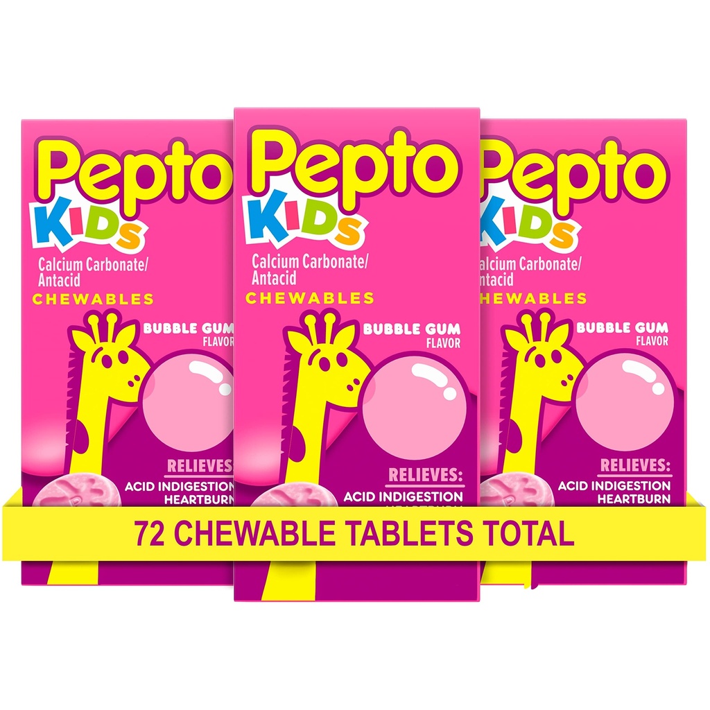 Comprimidos mastigáveis de Pepto Kid para azia, indigestão ácida, estômago azedo e estômago abafado, sabor de chiclete, 72 Total (3 embalagens de 24)
