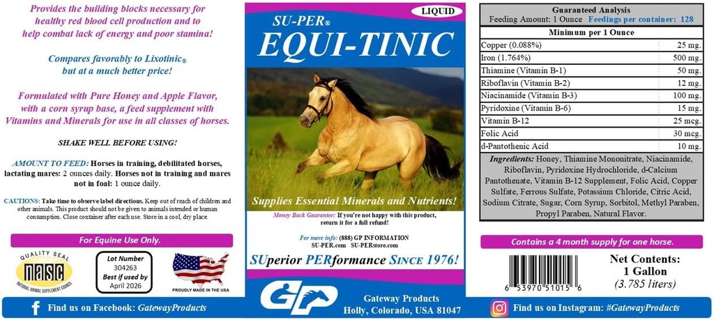 SU-PER Equi-Tinnic Horse Minerals Suplemento - Mineral Essentials and Nutrients for Healthy Blood Cells & Energy - 1 Gallon