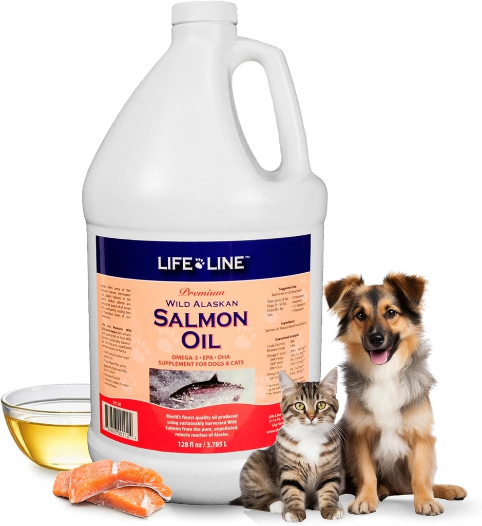 Life Line Wild Alaskan Salmon Oil for Dogs & Cats Suplemento de óleo de peixe Omega-3 para a saúde da pele, revestimento brilhante e suporte conjunto – 128 oz