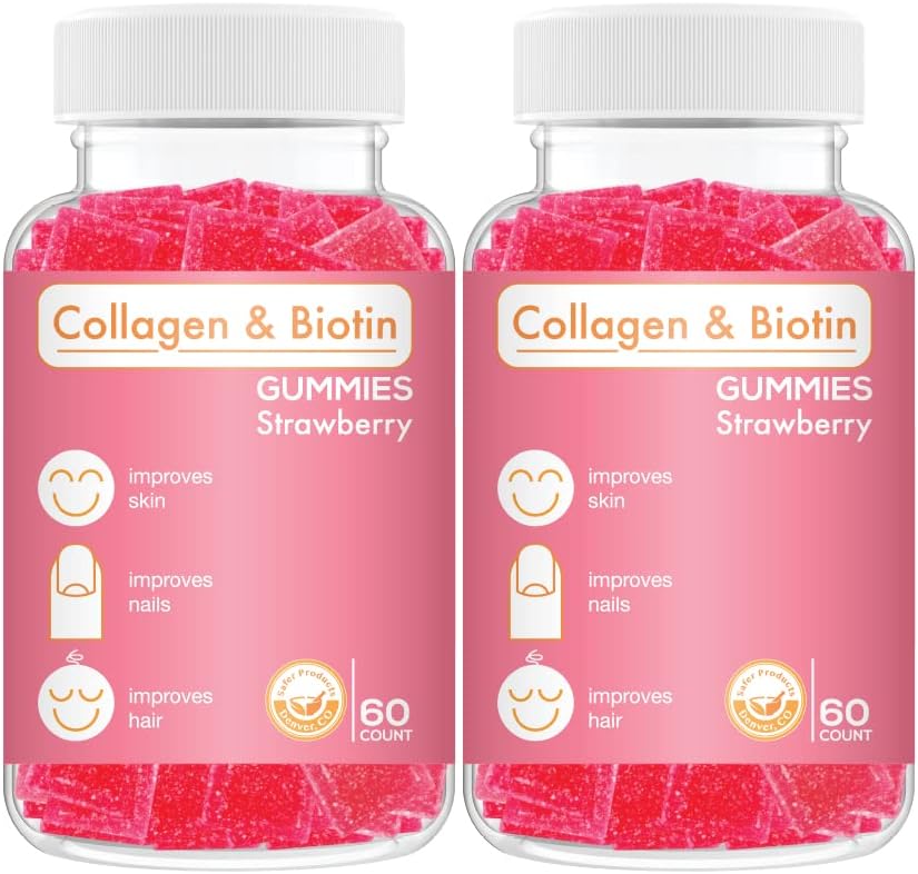 Colágeno chicletes de biotina - Suporta cabelo, Pele & unhas crescimento do cabelo Anti envelhecimento cuidados mastigáveis vitaminas gummy, Vegan, Não-GMO, Sem glúten, Gelatina morango sabor 120 Conde, Rosa