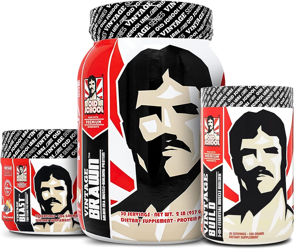 Old School Labs Vintage Build Pós-treino, Vintage Blast Pré-treino e vintage Brawn Protein Powder