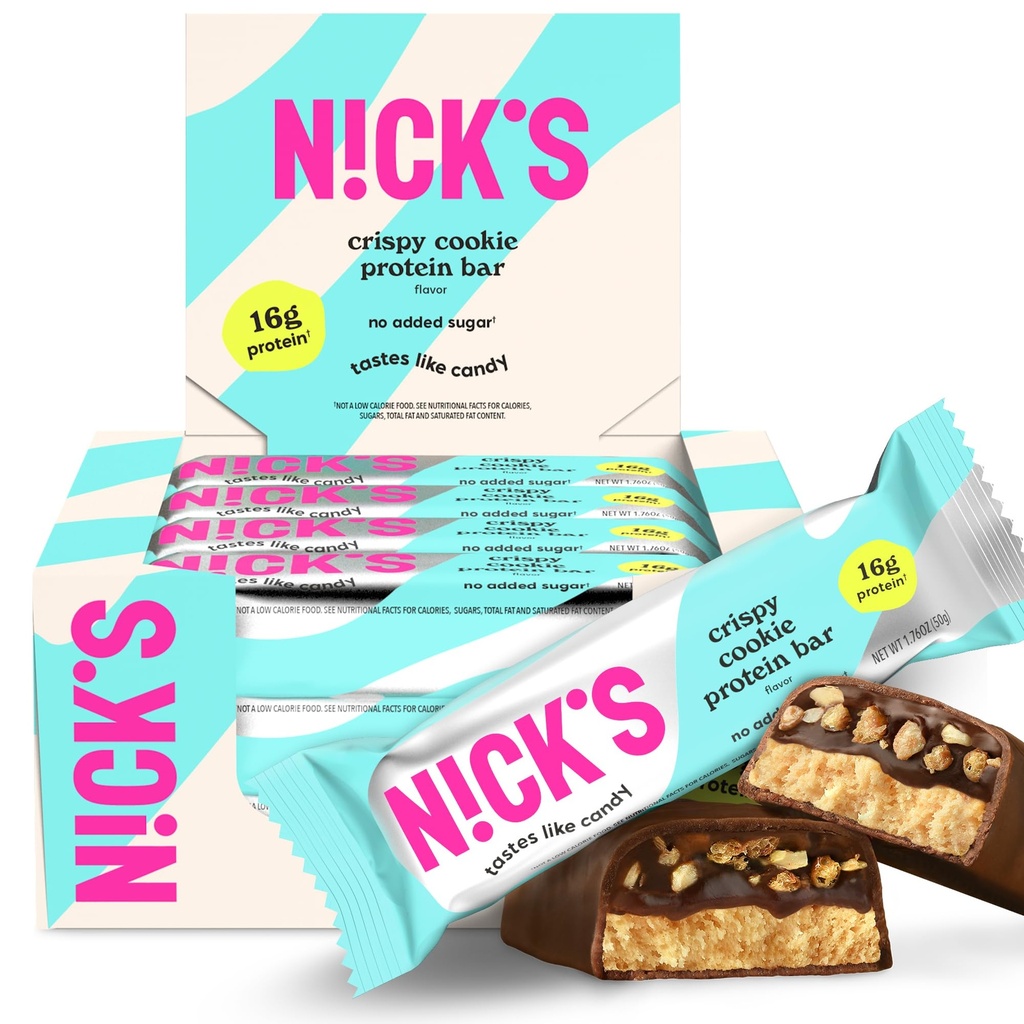 Nick's Protein Bares Crispy Cookie Chocolate, alta proteína, baixas calorias, baixo carboidrato, Keto Friendly Snacks Não adicionado açúcar (Multipack 12 bares x 50g), sabor Crispy Cookie