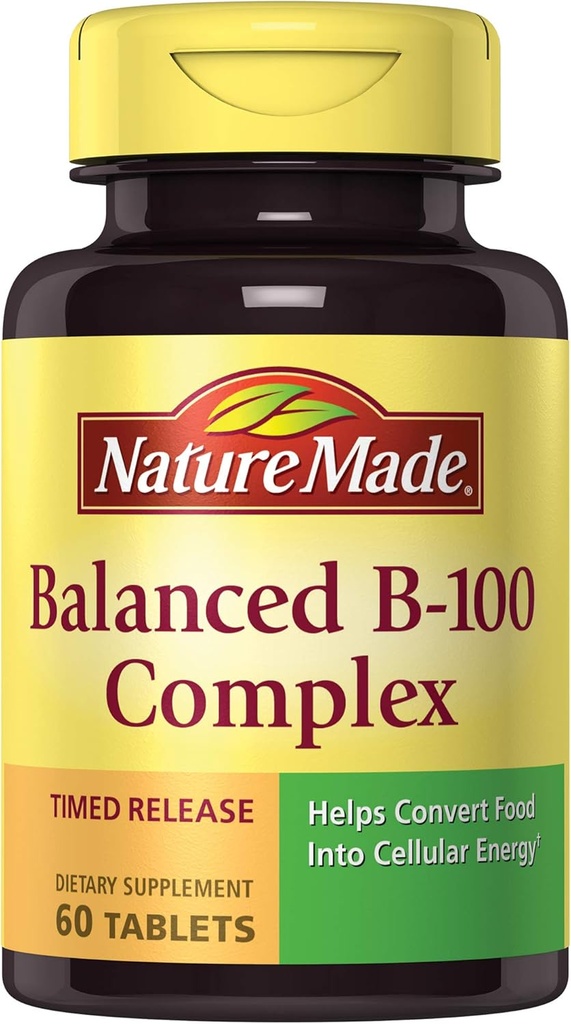 Natural Made Balanced B-100 Timed Release (Thiamin, Riboflavina, Niacin, B6, B12, Biotina, Ácido Pantotênico e Ácido Fólico) Comprimidos 60 Ct