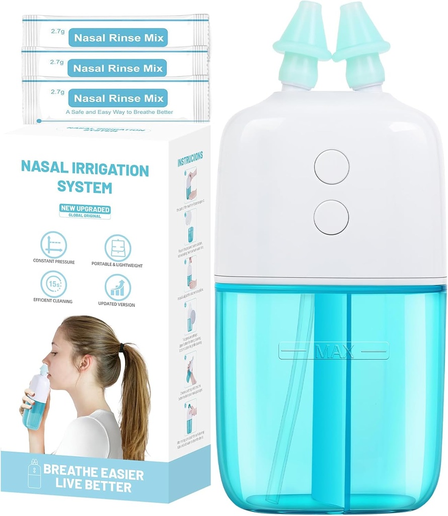 Sistema de Irrigação nasal com 30 pacotes salinos – dupla velocidade e coleta de resíduos automáticos – Irrigador nasal portátil e amigável de viagens – Limpador nasal para a máquina Nasal Rinse Sinus Relief