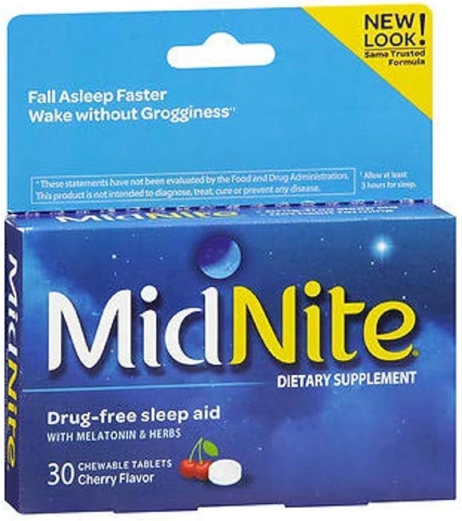 Saúde do sono MidNite para a insônia ocasional, 30 comprimidos de cereja mastigáveis (Pack of 3)