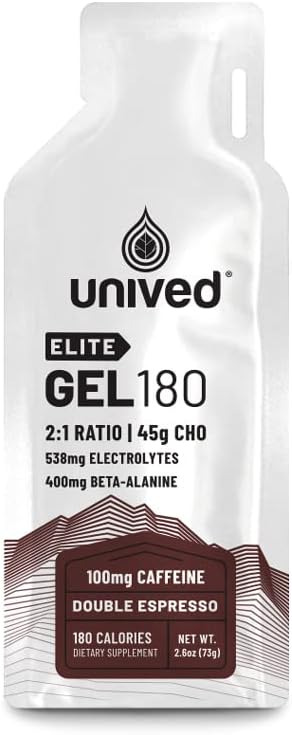 Gel Elite Unived 180-2:1 Razão de carboidratos simples e complexos com Beta Alanine & Eletrólitos Essenciais - para atletas de resistência Corredores e Ciclistas -180kcal - Espresso duplo - 100mg Cafeína - Pacote de 6