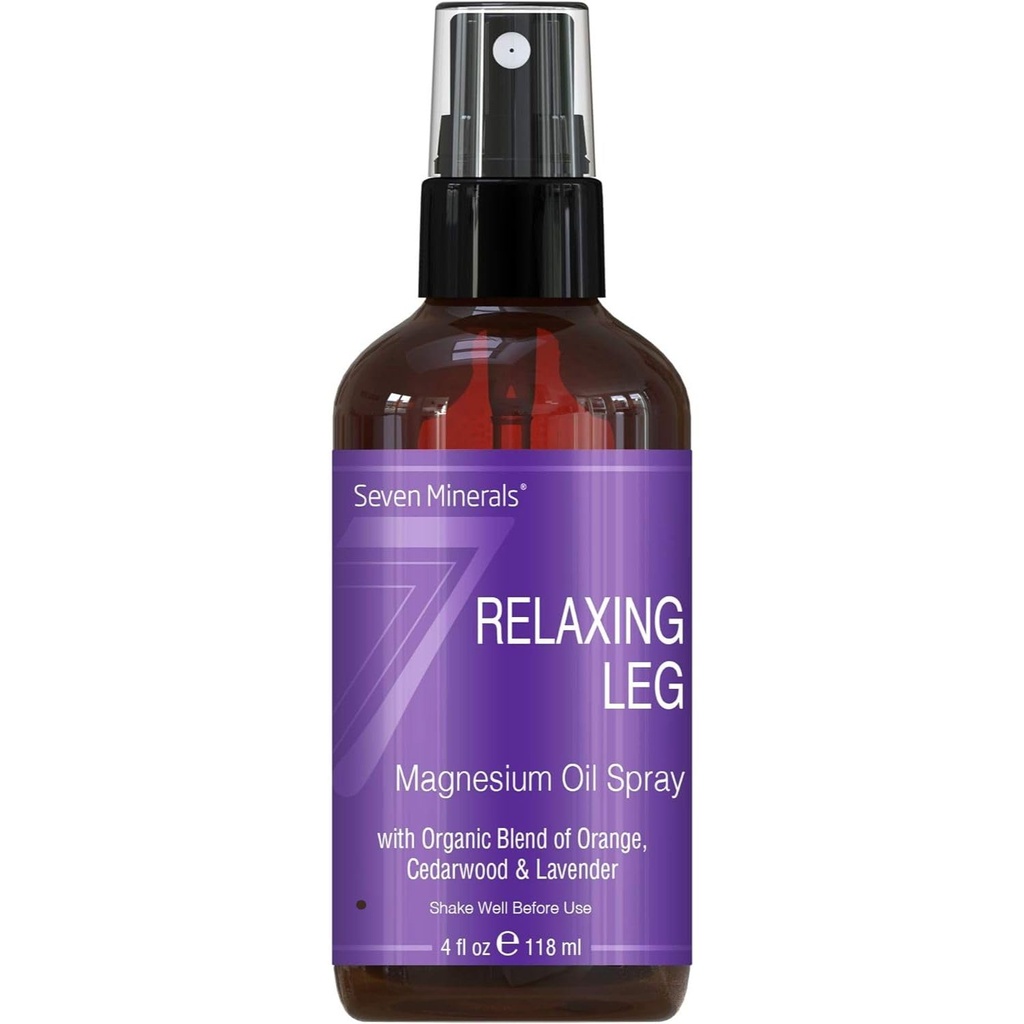 Sete Minerals Relaxante Perna Magnésio Spray, Poderosa Mistura de Óleos Essenciais (Laranja, Cedarwood, & Lavanda), Isso Acalma Pernas Naturalmente. 4 fl oz,