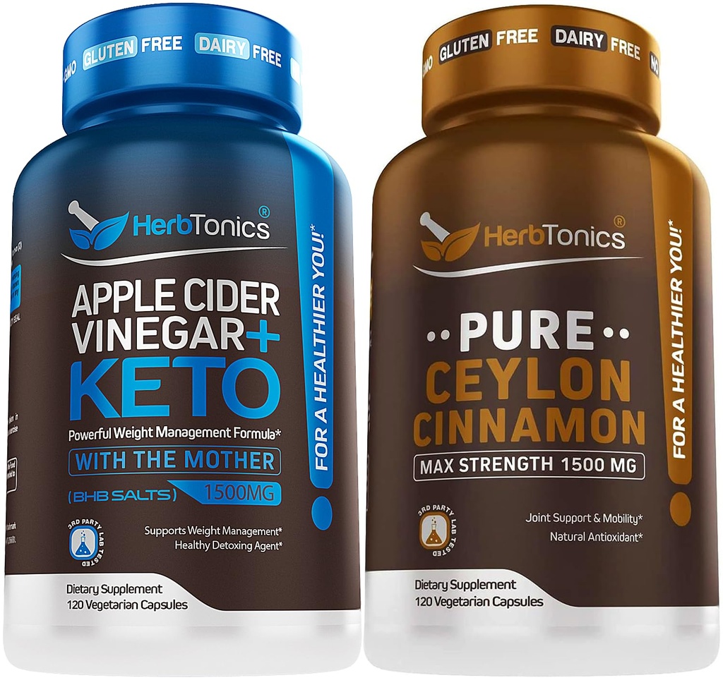 Herbtónicas Apple Cider Vinagre Cápsulas Plus Keto BHB □ Queimador de gordura e perda de peso Suplemento para Mulheres e Homens - Premium Ceilão Canela Cápsulas - Pílulas de canela eficaz para bem-estar melhorado