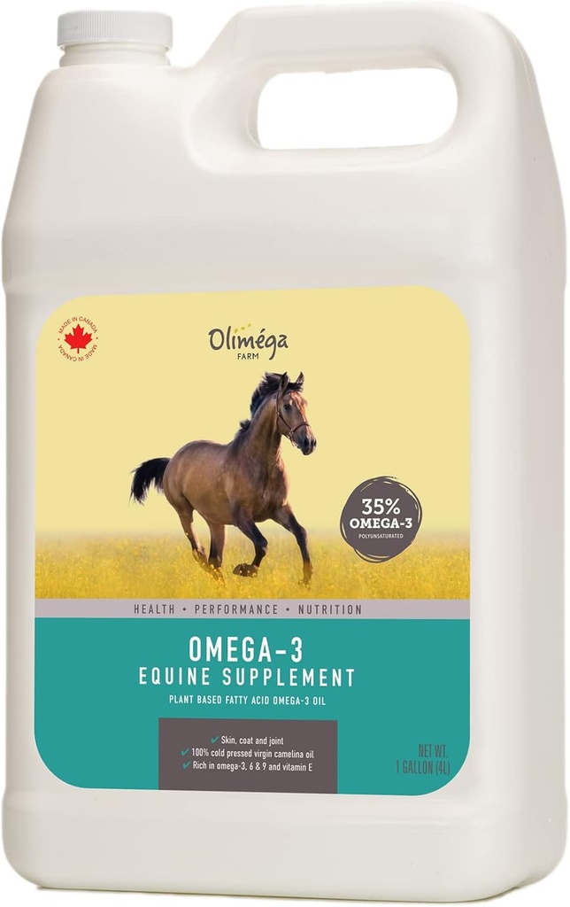 Óleo de camelina para cavalos, 1 galão pela fazenda Olimega, alto em Omega-3 & Vitamina E, suporte para juntas saudáveis, casaco e pele, puro e frio Pressionado, suplemento conjunto, feito no Canadá
