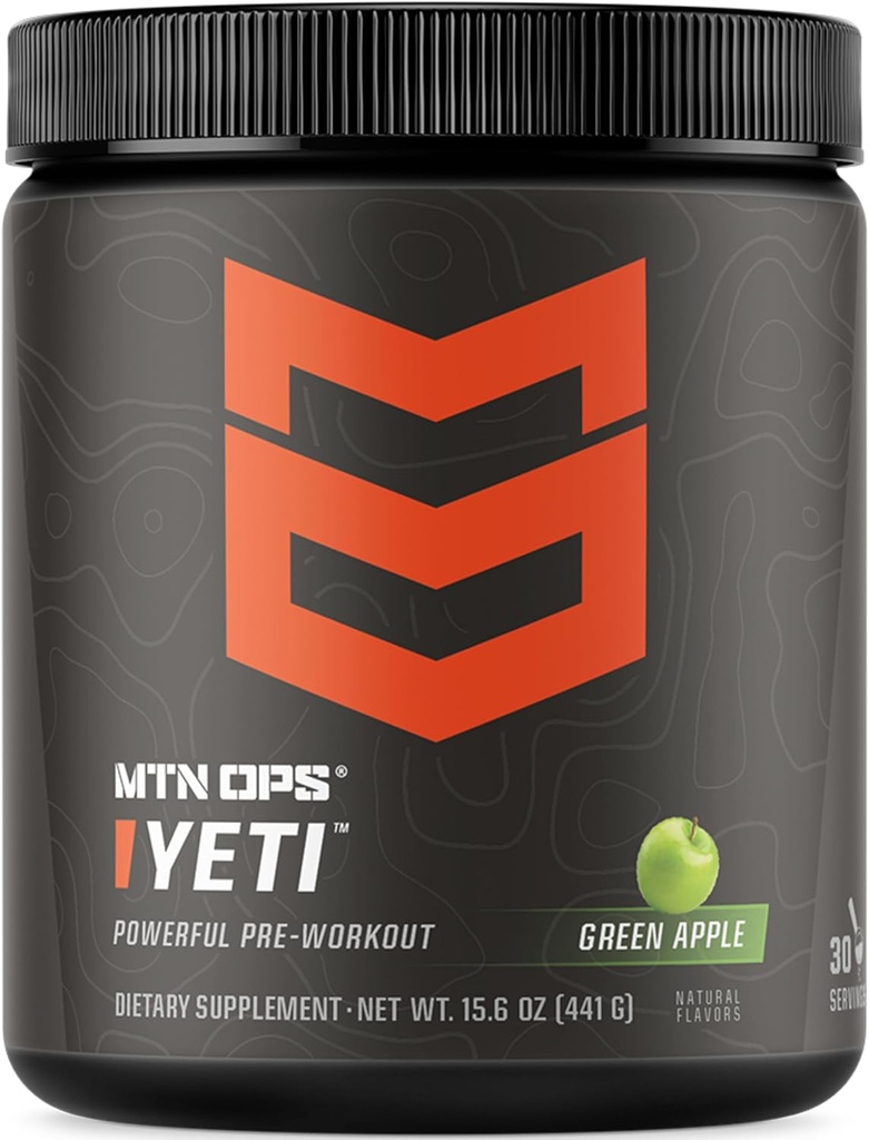 MTN OPS Yeti pré-treino bebida energética em pó com creatina, 200mg de cafeína e BCAAs com Beta Alanine, 30-servindo banheira, maçã verde