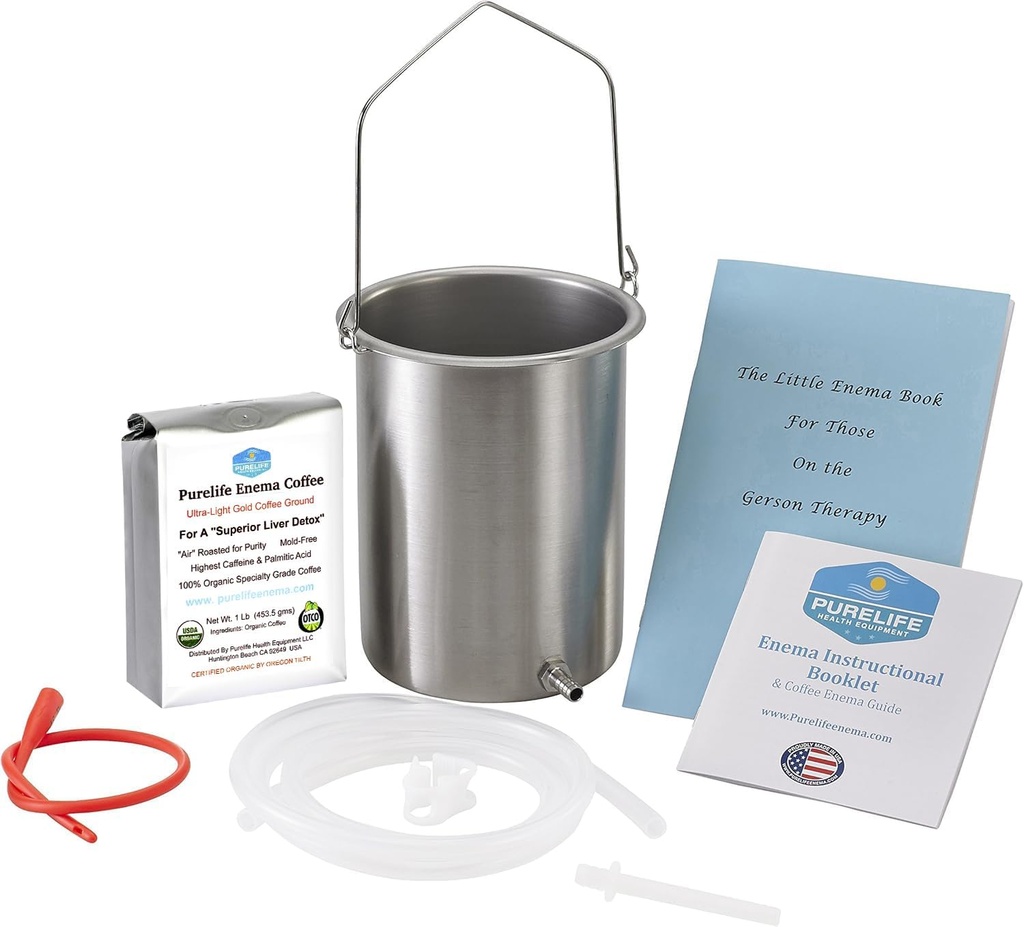 Purelife Detox Coffee Enema Kit - Made in USA - 2 Qt / Superior Não Tóxico Made in USA Qualidade / 1 lb Purelife Ultra Light Gold Enema Café - Lab Testado sem micotoxinas- Silicone Tubulação