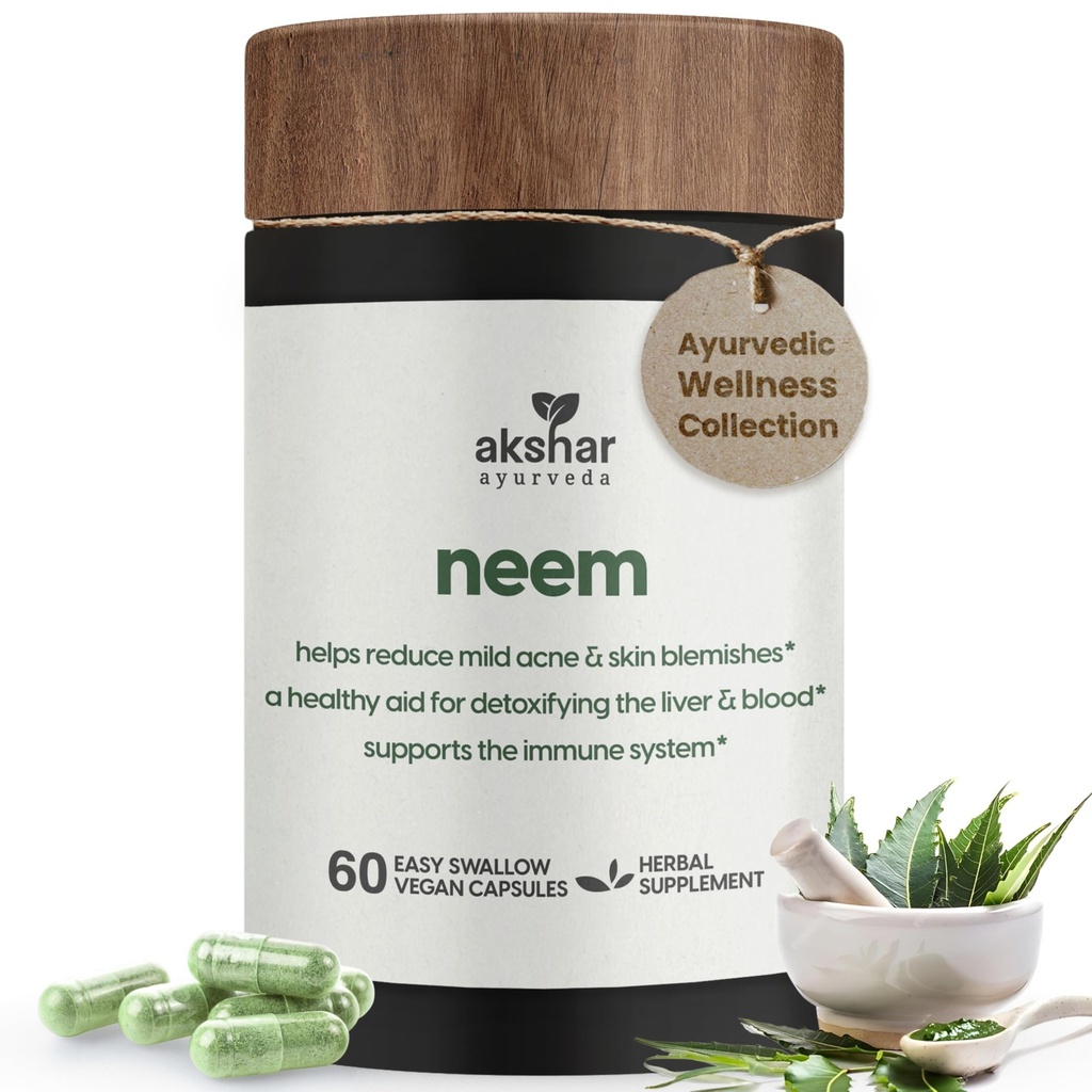 AKSHAR Ayurveda - Cápsulas Neem com Neem Extract e Neem Leaf Powder - Herbal Neem Supplement to Support Clear Skin Health and Detox - Cápsulas Vegan Cruelty-Free Neem Leaf (60 Count)