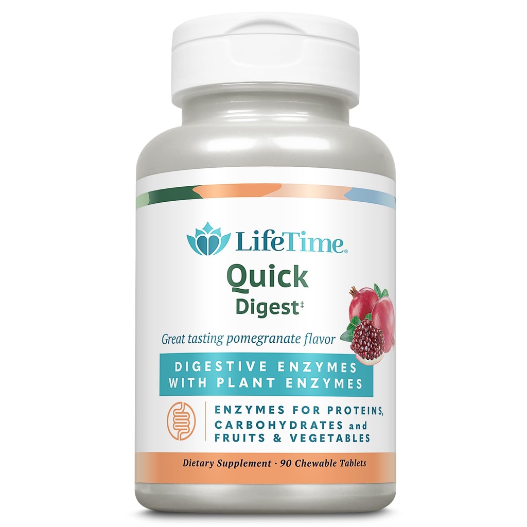 LIFETIME Quick Digest Digestive Enzimas - Enzimas de plantas para proteínas, carboidratos, frutas e vegetais - Apoio à saúde digestiva - sabor de romã - 90 Serventes, 90 comprimidos mastigáveis